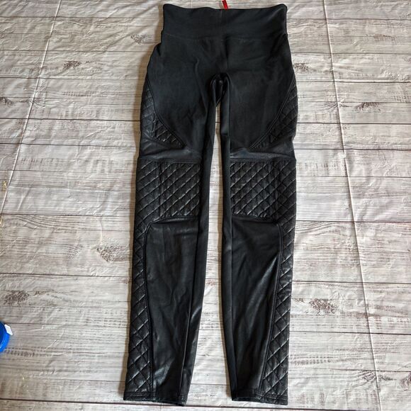 Spanx Black Vegan Faux Leather Moto Biker  Leggings Quilted Panels Small ($110) - Picture 2 of 10